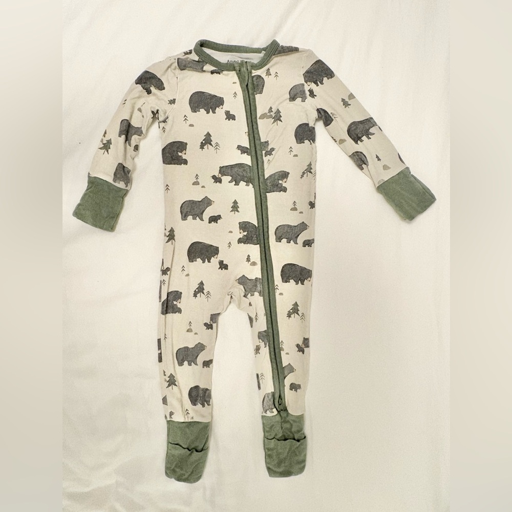 Angel Dear Bear Print Footie Pajama - Green and Cream